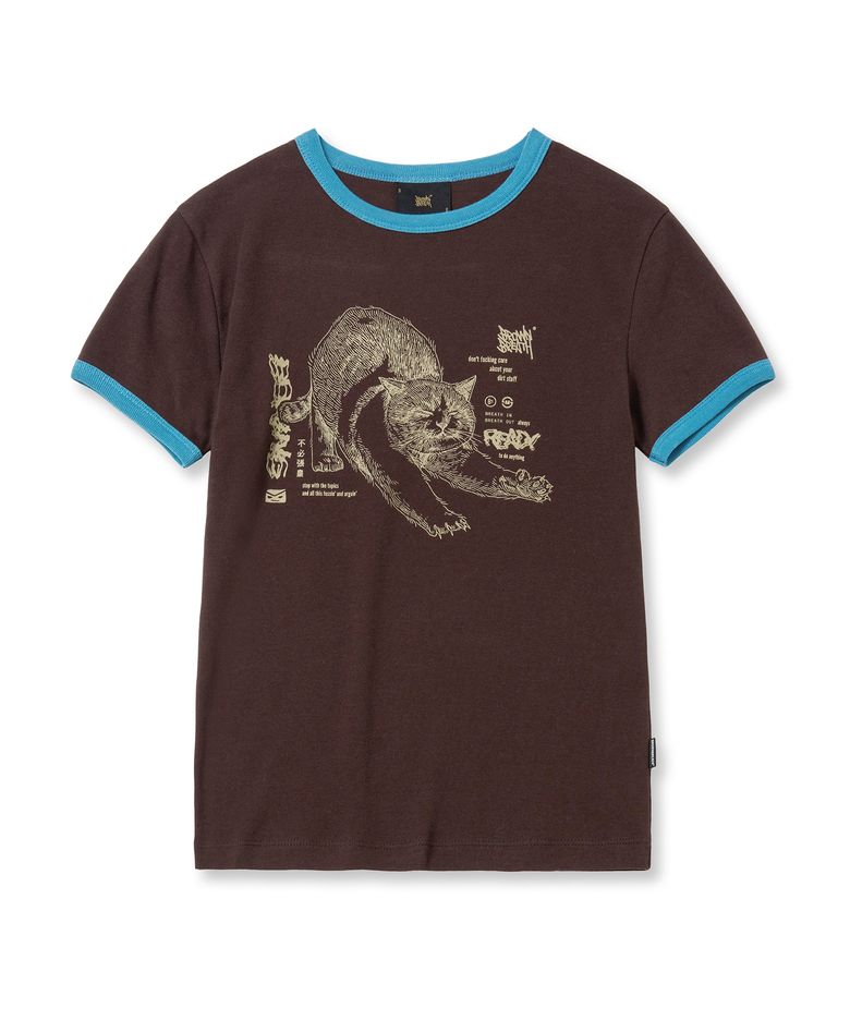 W KITTY CROP RINGER TEE - BROWN