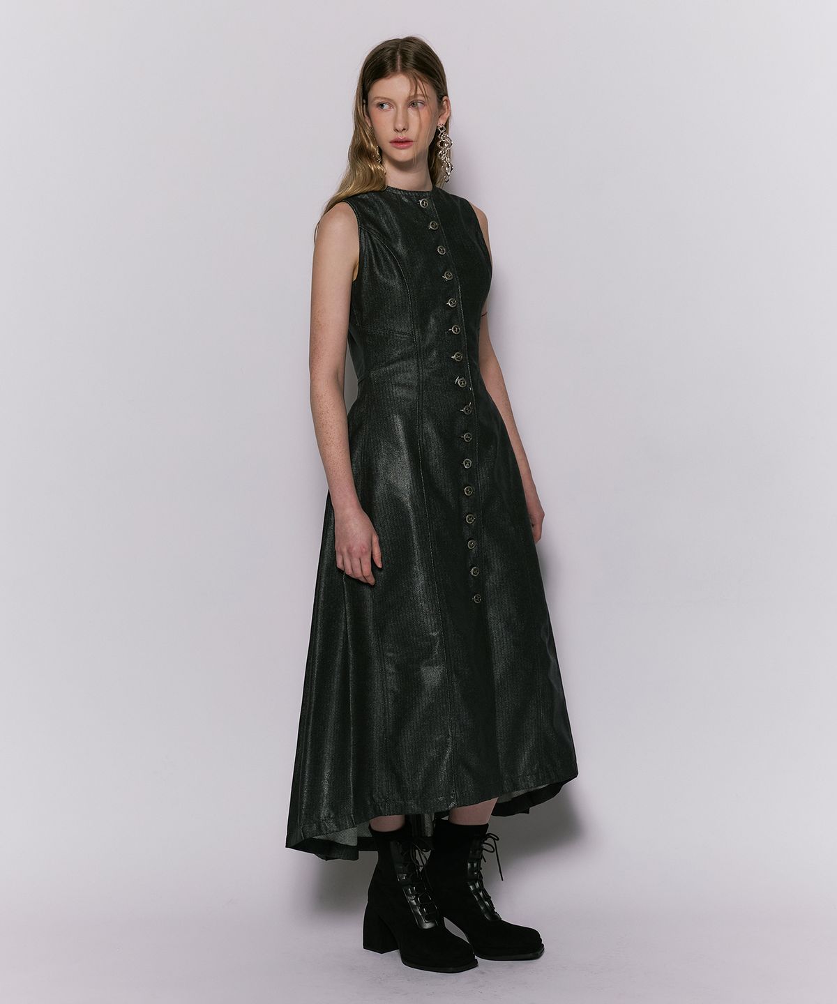 웨슬리 휴스턴(WESLEYHYUSTON) Herringbone glow denim long tuck dress black