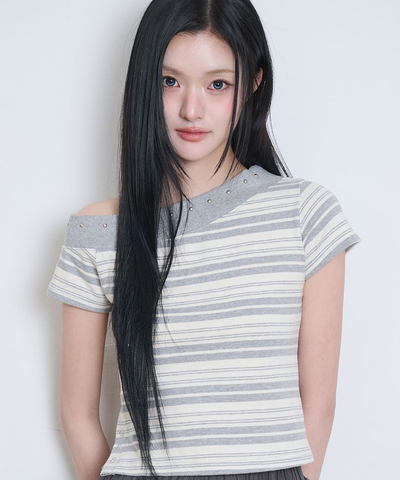 원숄더 스터드 스트라이프 탑 그레이 아이보리