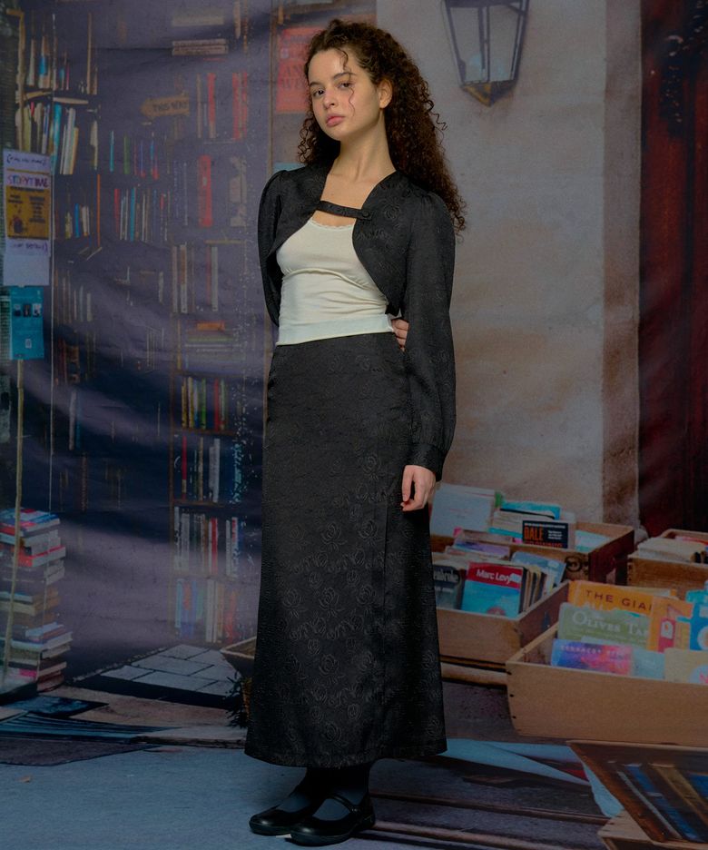 Rose Jacquard Slit Skirt (Black)