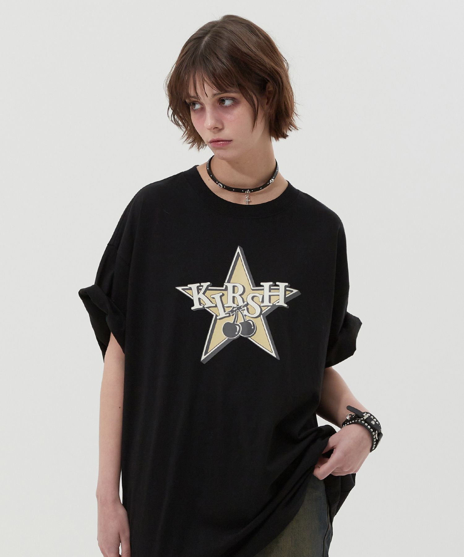 MUSINSA | KIRSH Rock Cherry Graphic Loose Fit T-Shirt [Black]
