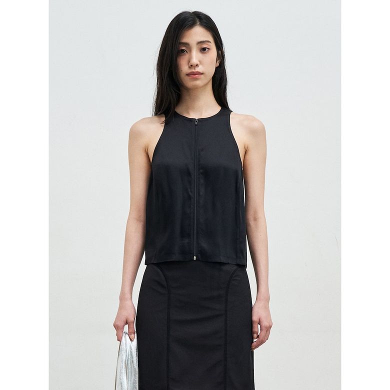 Satin Tank ZipUp Vest  Black
