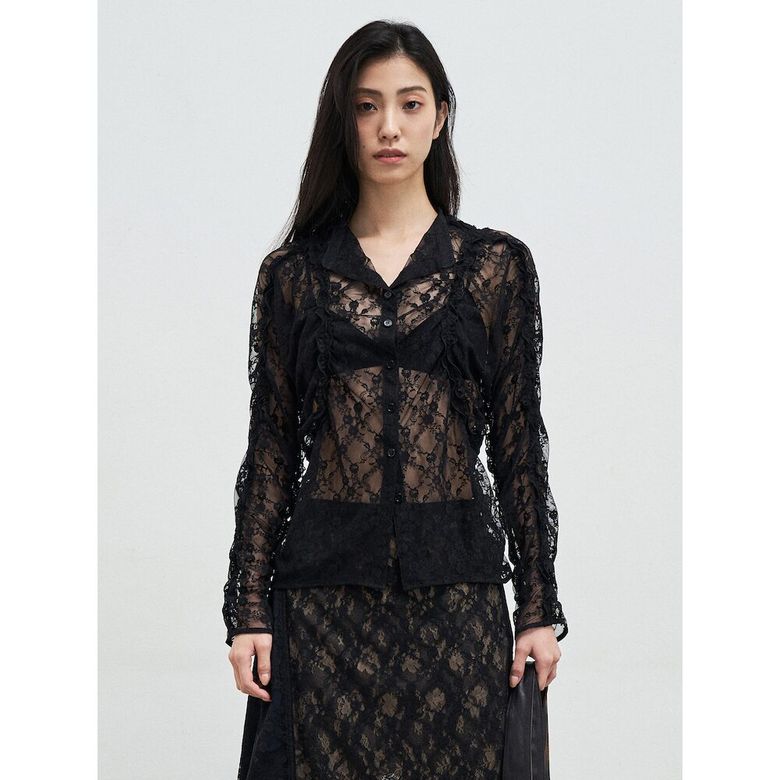 Curved Line Lace Blouse  Black