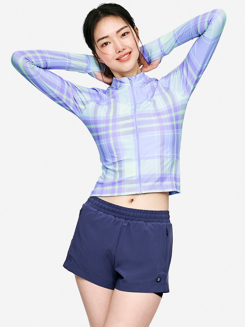 우먼 체크 크롭 집업 래쉬가드 라벤더 (B5SWWCZ042LAV)