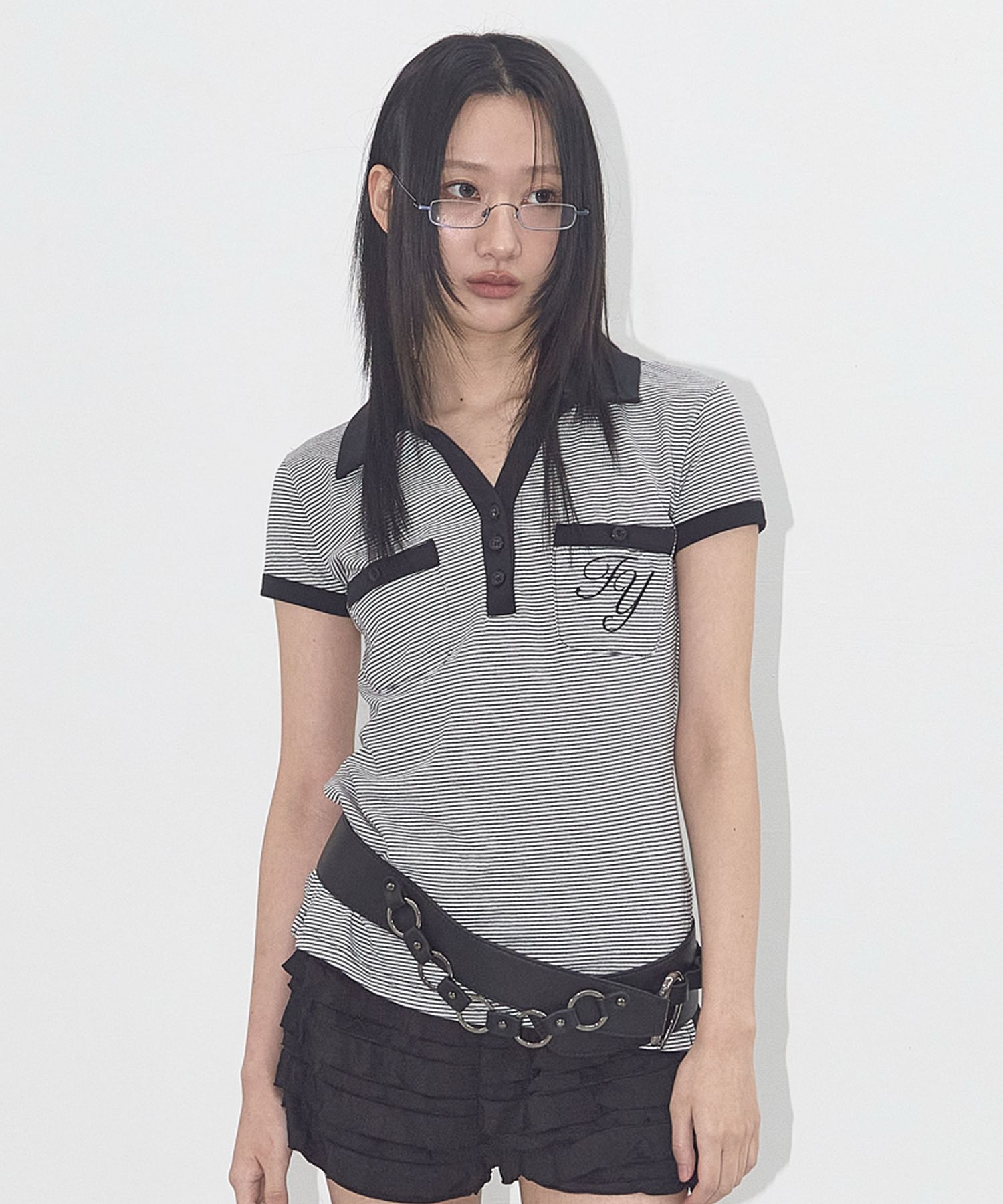 ★FANCY CLUB ★STRIPE BUTTON COLLAR TEE MUSINSA | FANCY CLUB Stripe Button Collar Tee (BLACK) F25QB109