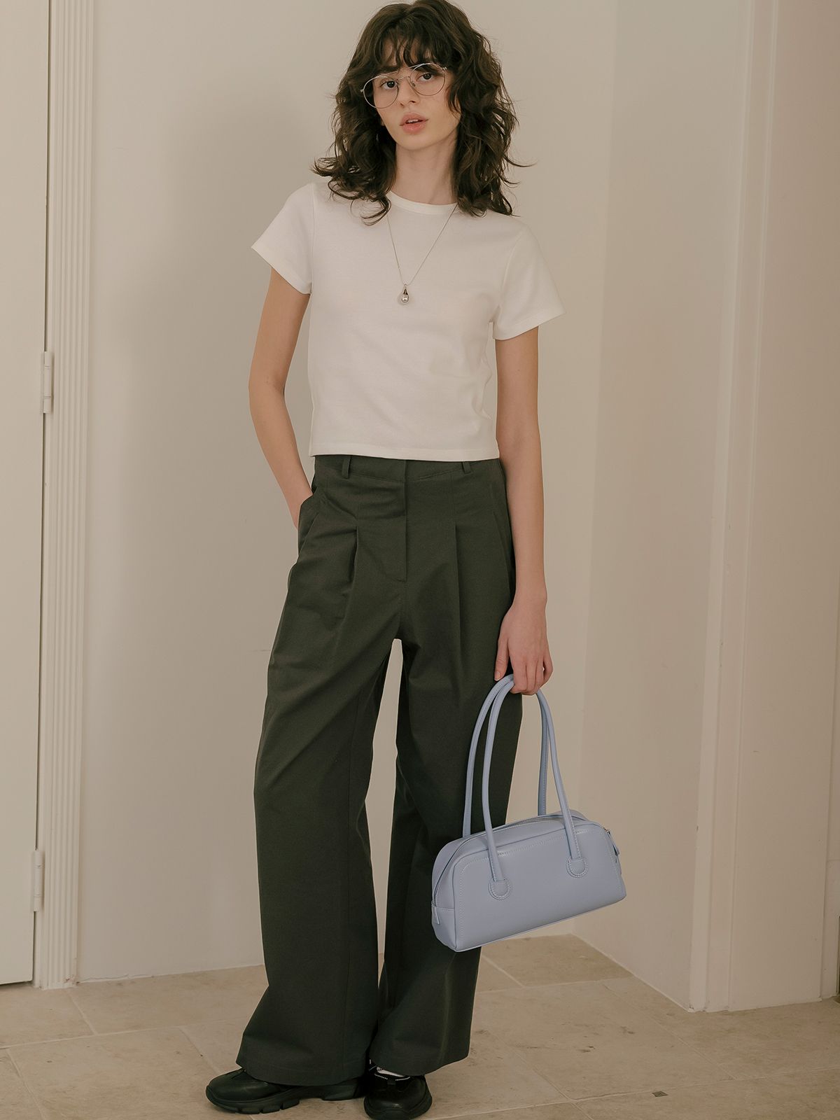 프리버07(FRIVER07) Belt point pintuck wide cotton pants_Charcoal