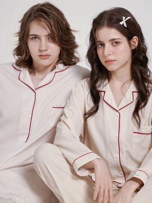 [2PACK] 커플용 루나 스트라이프 긴팔 카라 잠옷 상하의 세트