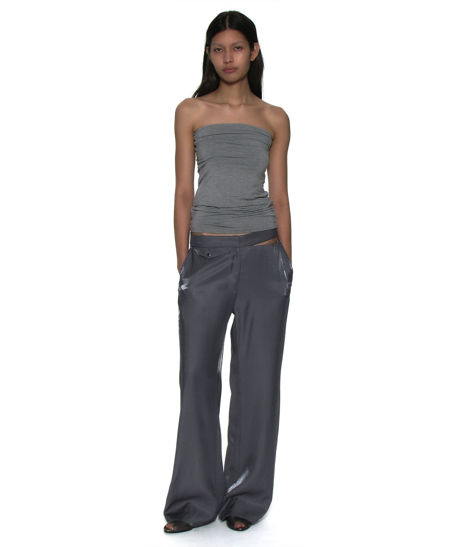 MUSINSA | PARTIMENTO WOMEN Glossy Cutout Waist Pants_Blue Gray