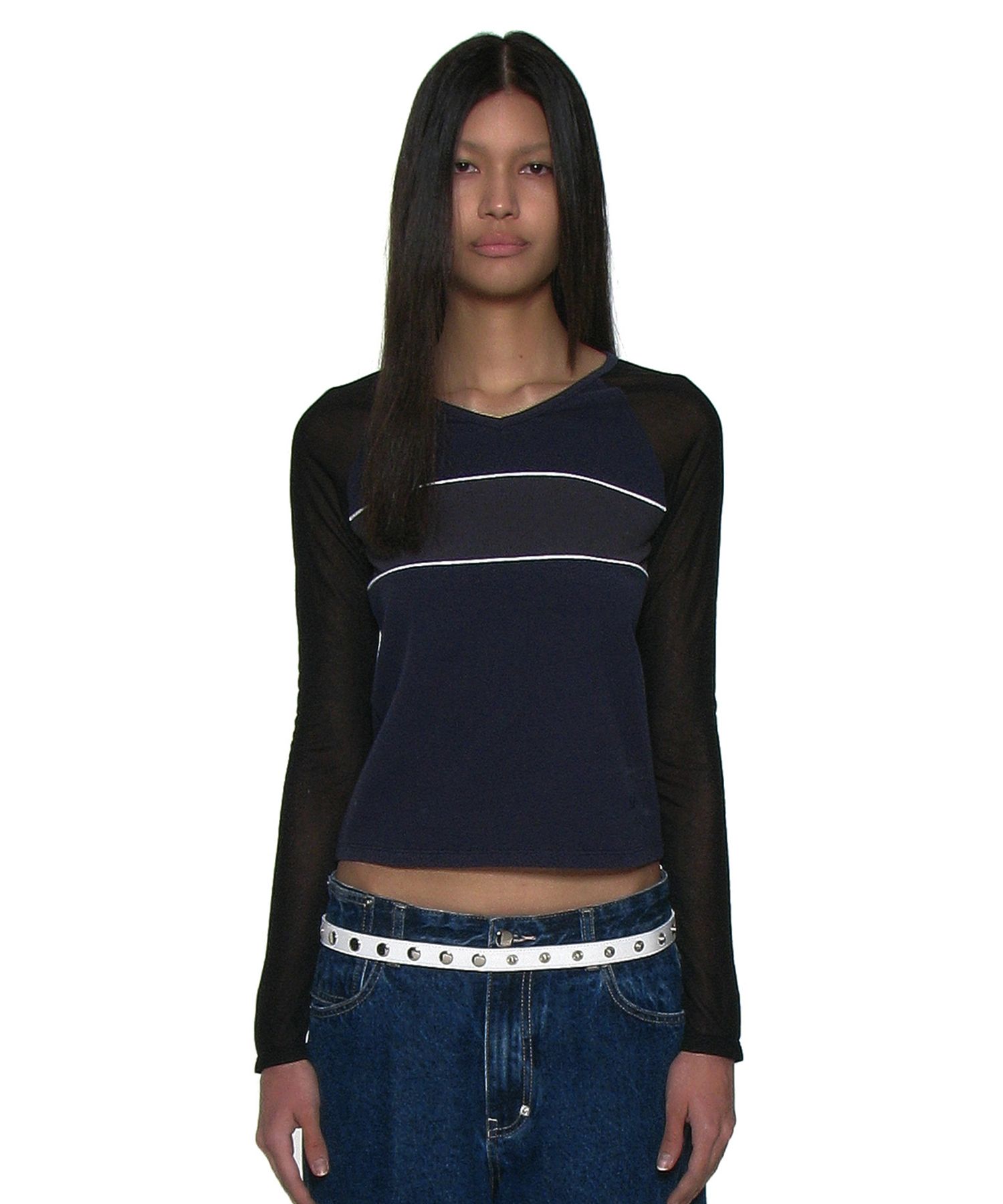 MUSINSA | PARTIMENTO WOMEN V-neck Multi Combi Long Sleeve Tee_Navy