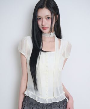 리본 타이 스퀘어넥 블라우스 크림