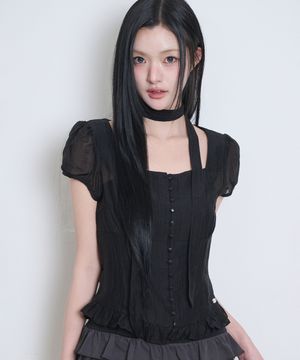 리본 타이 스퀘어넥 블라우스 블랙