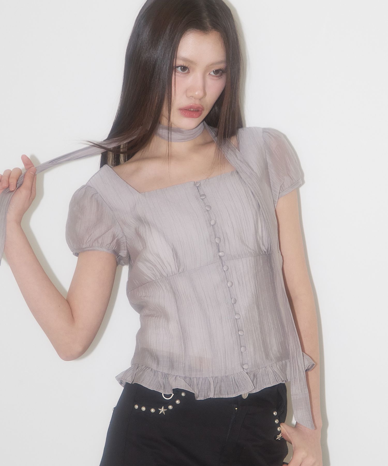 トップス ILLIGO Ribbon Tie Square Neck MUSINSA公式 | ILLIGO Ribbon Tie Square Neck Blouse - Gray