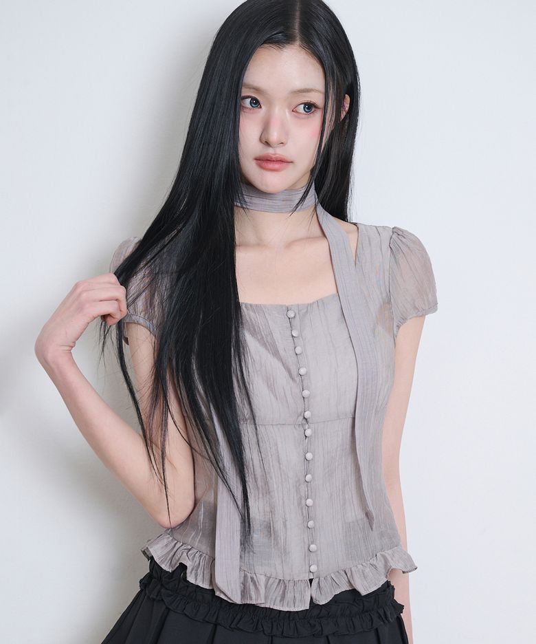 리본 타이 스퀘어넥 블라우스 그레이