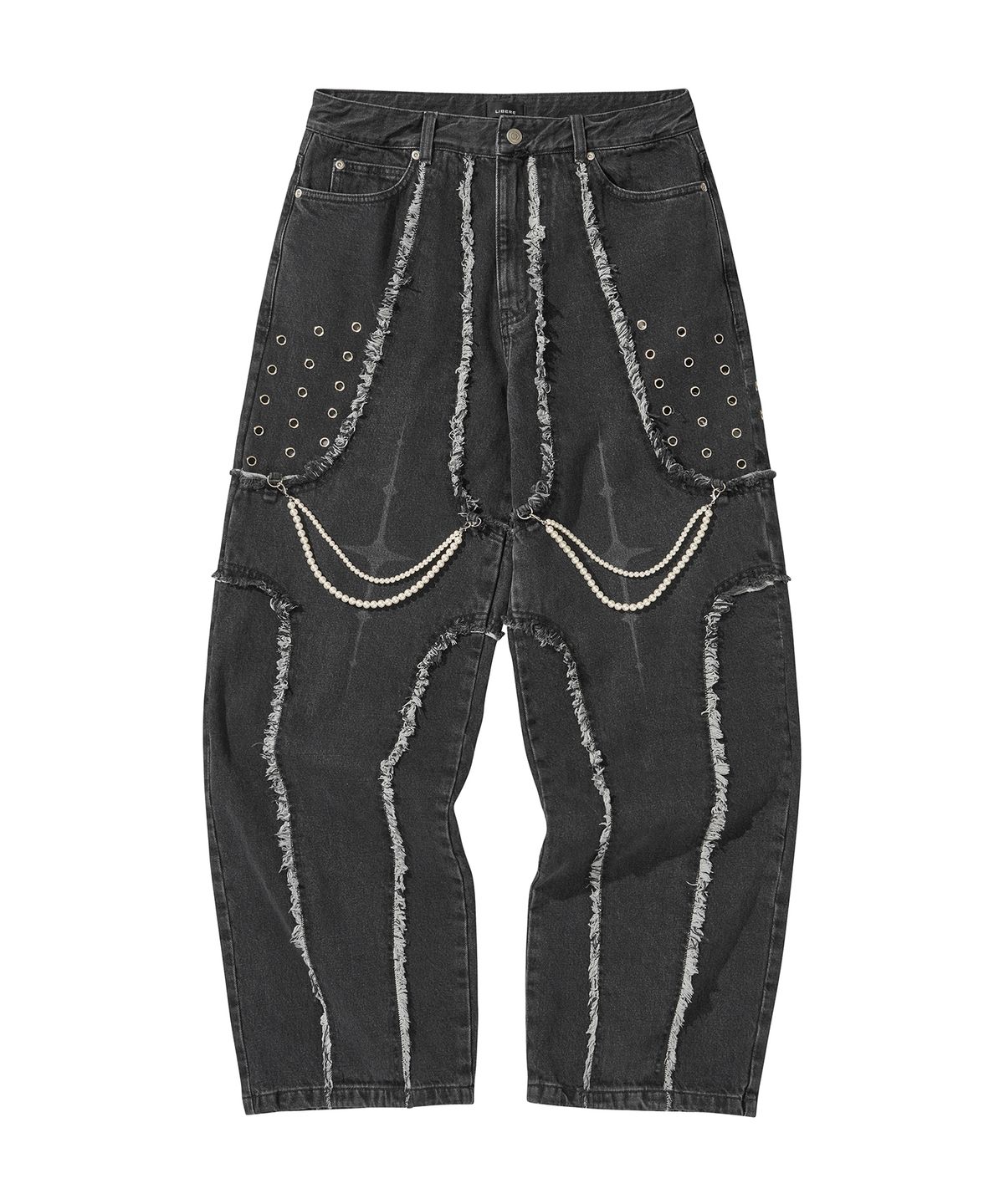 리베레(LIBERE) DESTROYED CROSS DENIM PANTS / BLACK