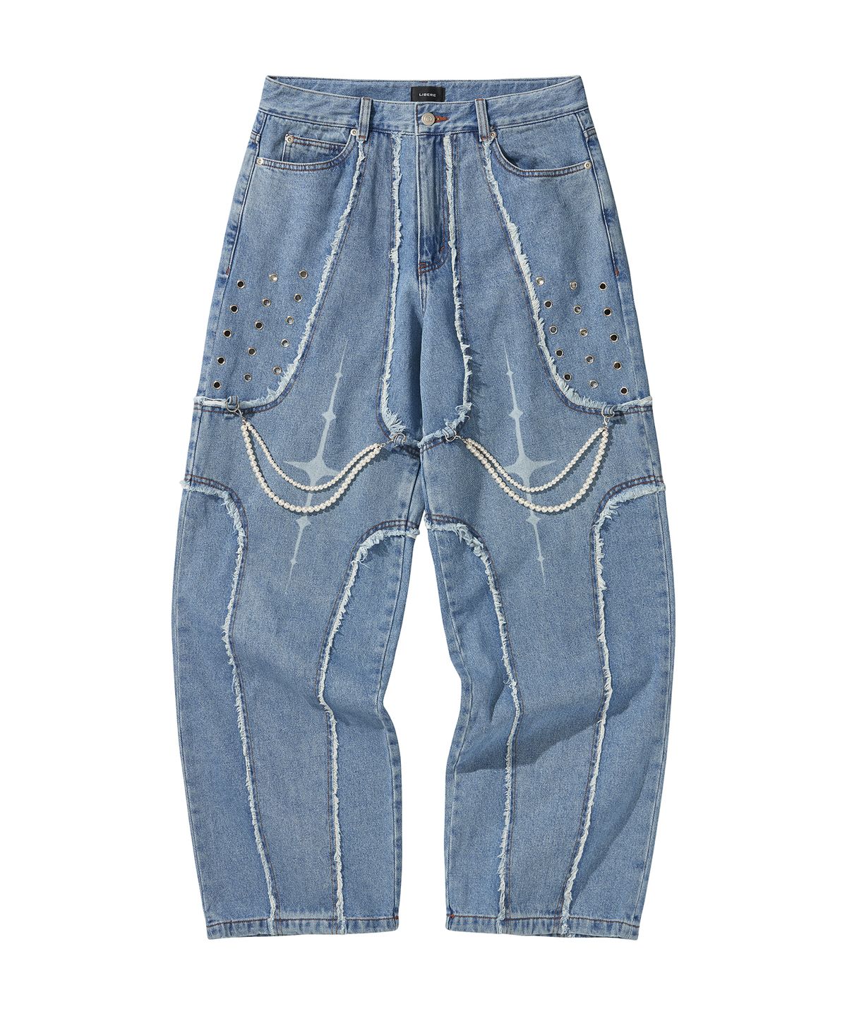 리베레(LIBERE) DESTROYED CROSS DENIM PANTS / BLUE