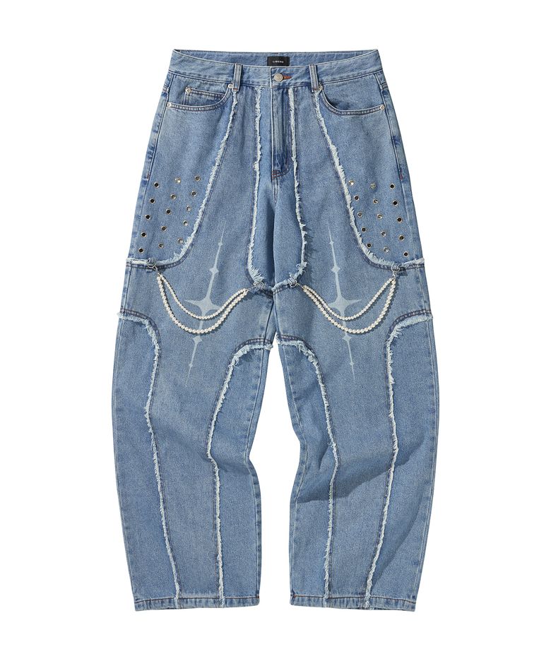 DESTROYED CROSS DENIM PANTS / BLUE