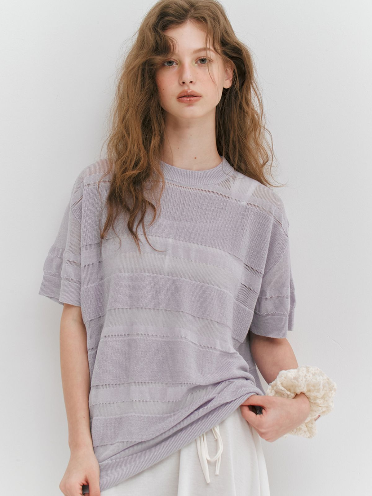 민더리(MEENDERI) LINEN STRIPE KNIT TOP - PURPLE
