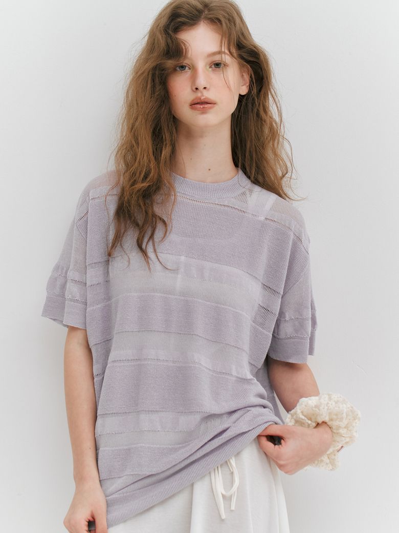LINEN STRIPE KNIT TOP - PURPLE