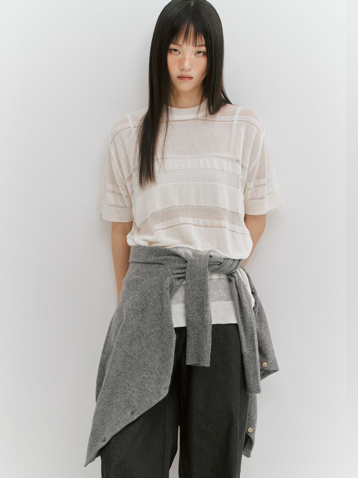 민더리(MEENDERI) LINEN STRIPE KNIT TOP - WHITE