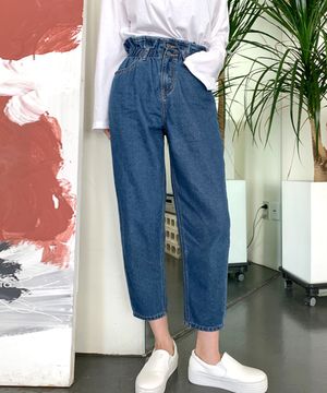 투버튼허리밴딩 하이웨스트 배기핏 데님팬츠