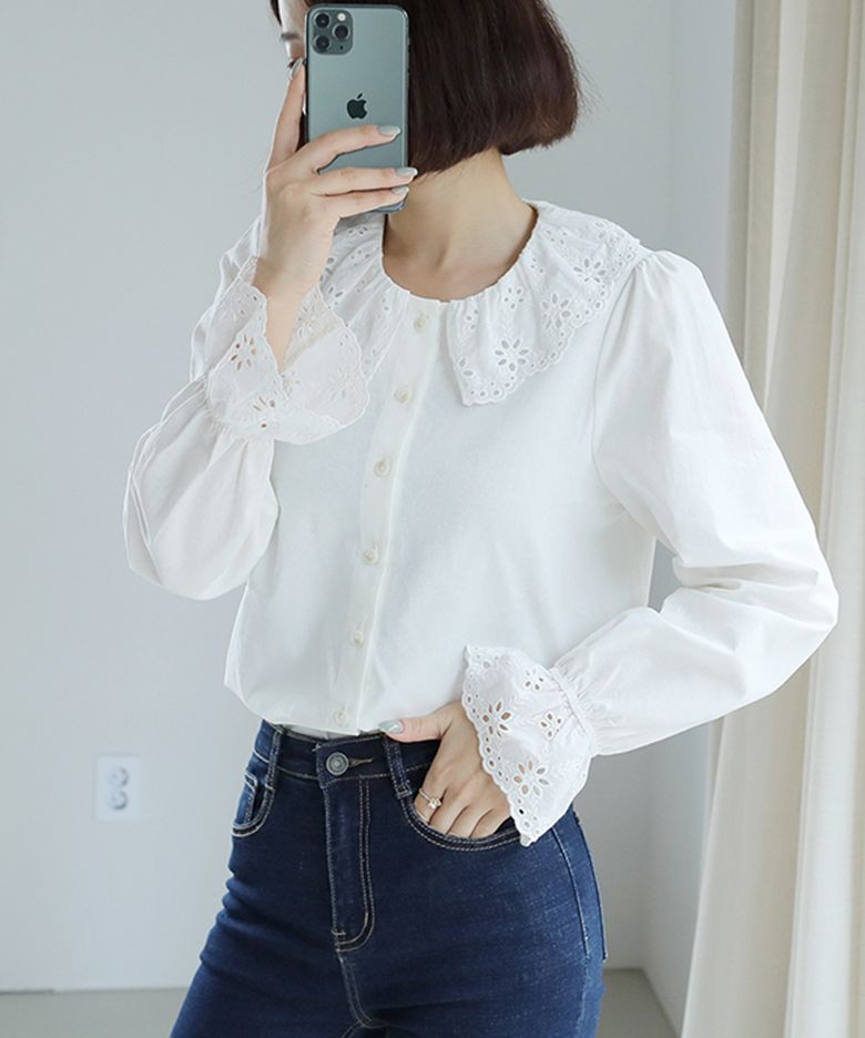 펀칭카라 레이스프릴 러블리 블라우스