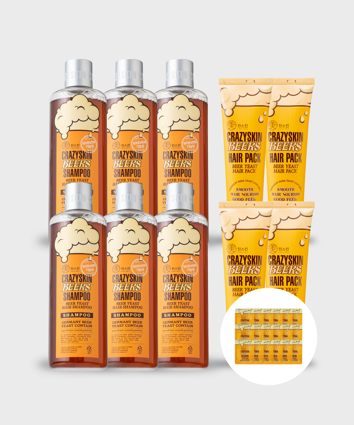 미친스킨(CRAZYSKIN) 맥주효모 샴푸 6개+헤어팩 4개 / 샘플 18매 증정