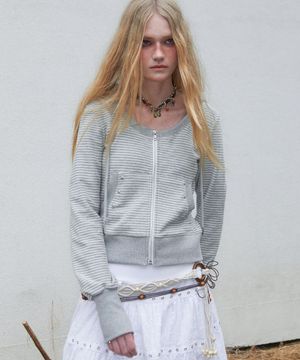 U Neck Stripe Hood Zip Up (MELANGE GREY)