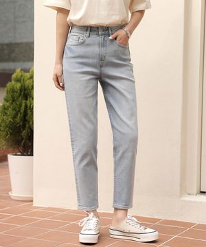 워싱 크롭 스판 슬림배기 일자 데님 팬츠