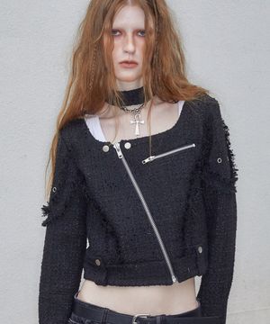 Square Neck Moto Tweed Jacket (BLACK)