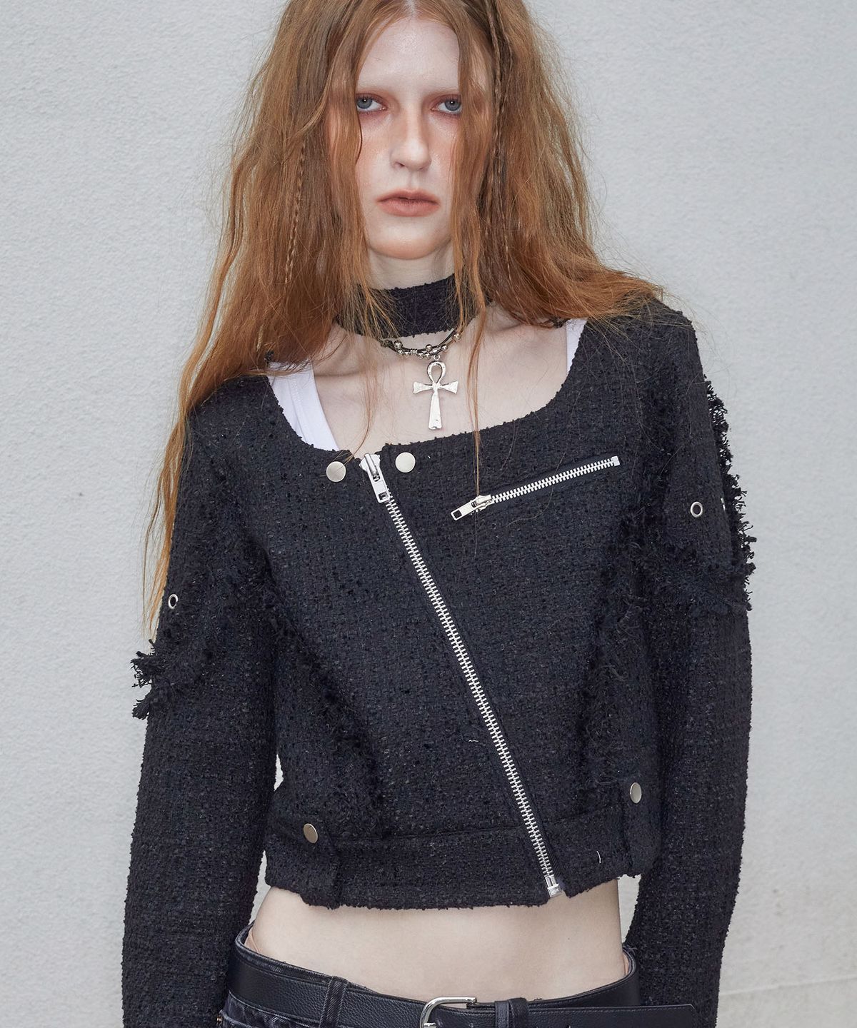 낫노잉(NOTKNOWING) Square Neck Moto Tweed Jacket (BLACK)