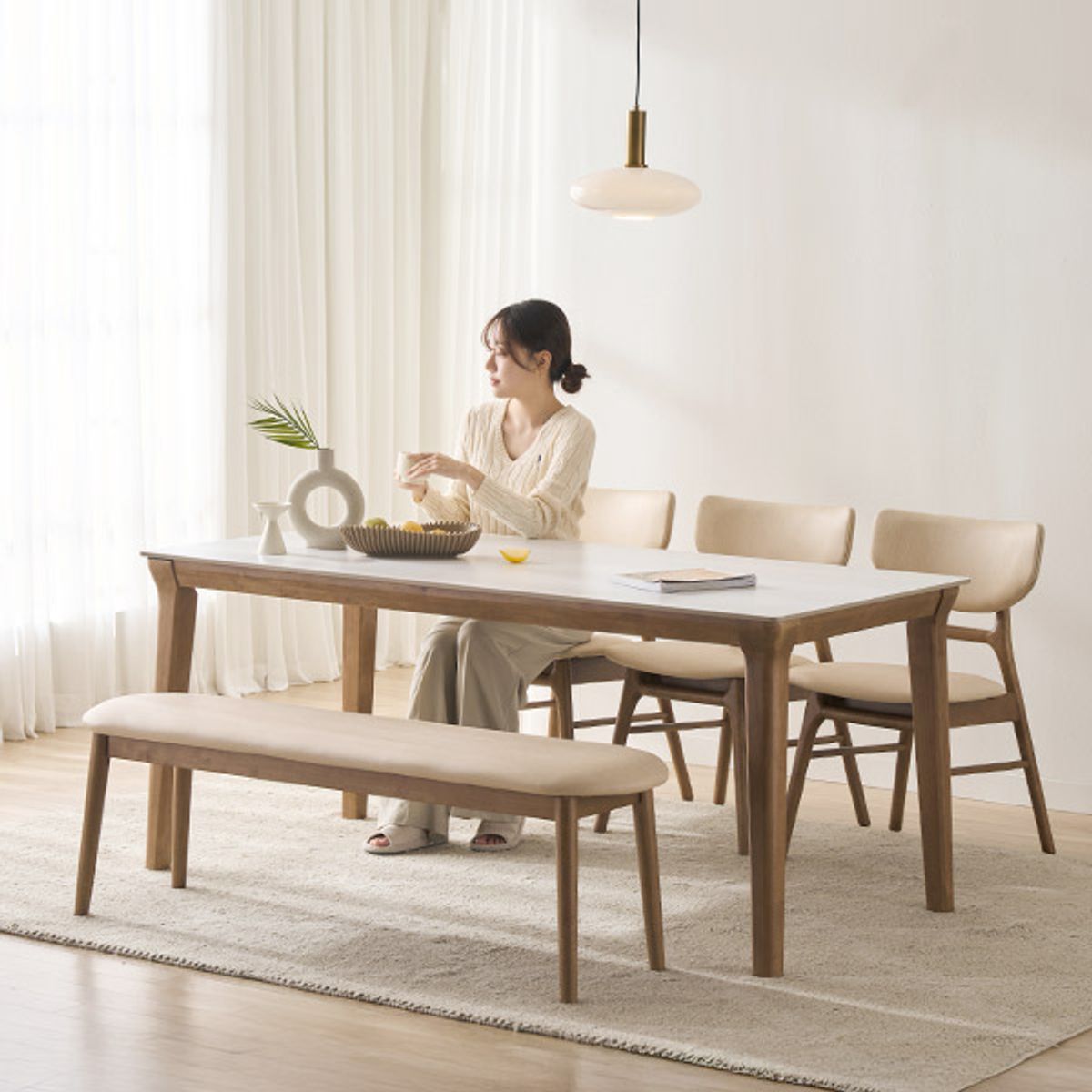 스칸디아(SCANDIA) 멜리토 포세린 통세라믹 6인용 원목 1700 식탁세트(의자3+벤치1)