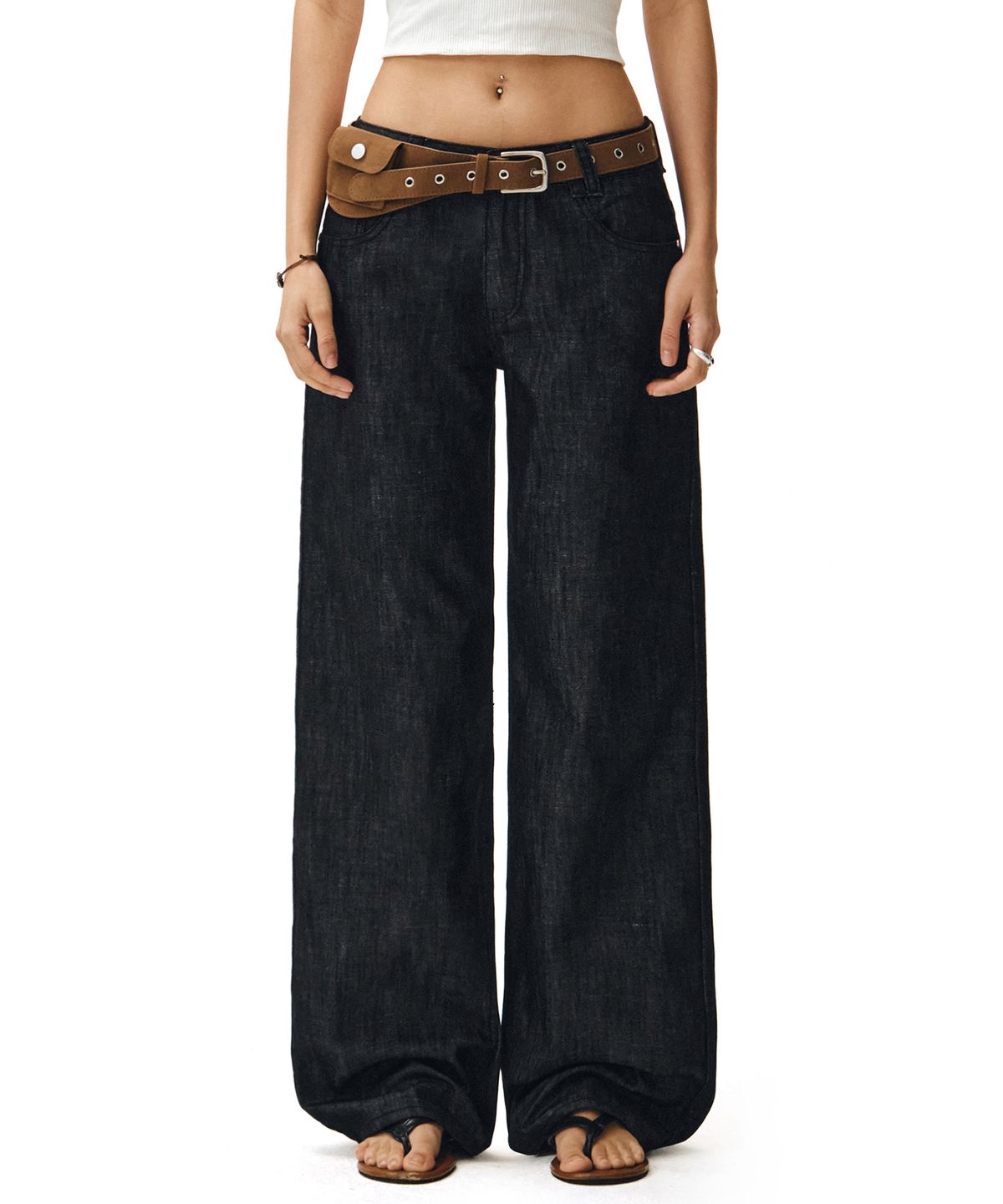 데케트 우먼(DECET WOMEN) [린넨라이크]Signature Low Rise Wide Jeans DCWPT004CPBlack