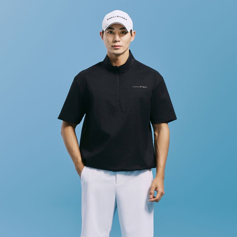 남성 크링클 나일론 스판 반집업 반팔 우븐탑 블랙