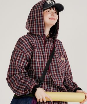 베이 오버핏 체크 후드 셔츠 버건디 JILS7771