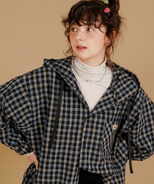 베이 오버핏 체크 후드 셔츠 블랙 JILS7771