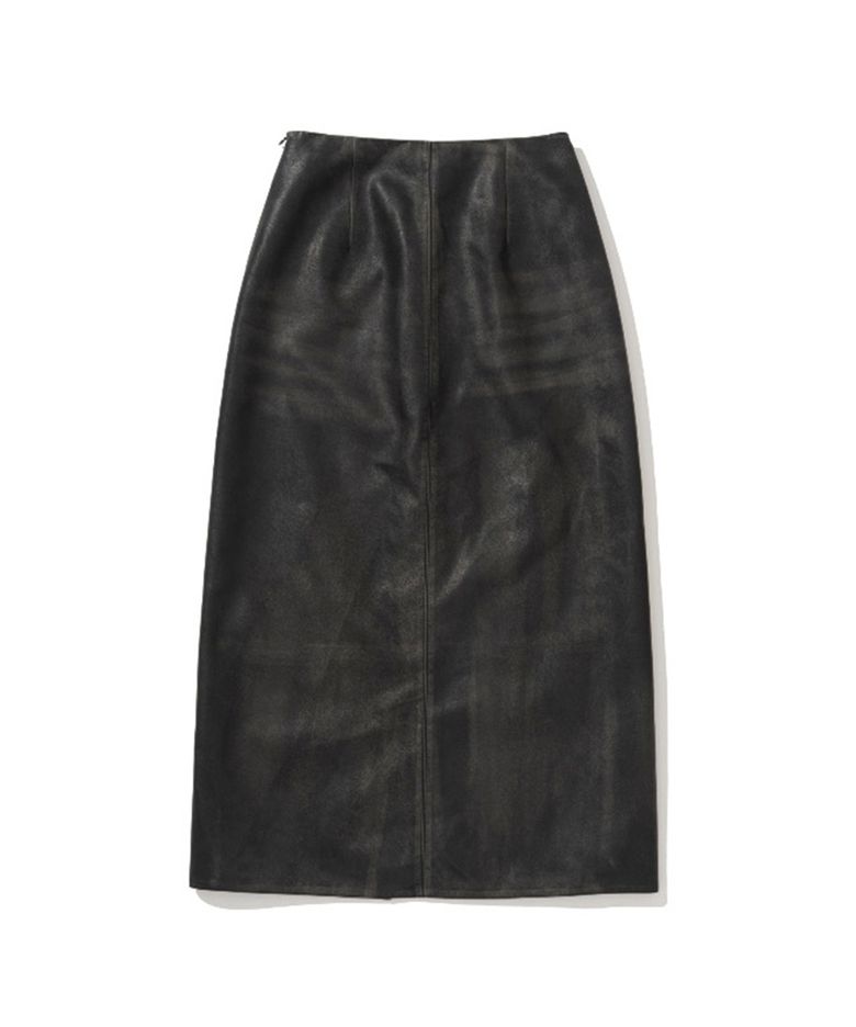 Vintage Wash Leather Long Skirt Black