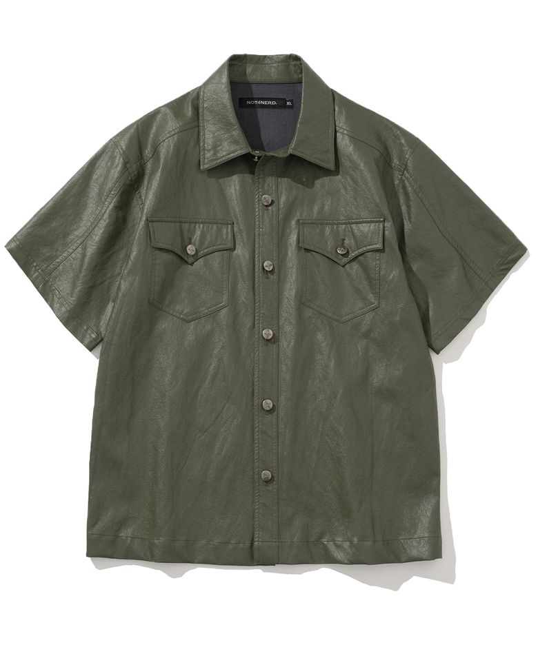 Wrinkle Leather Half Shirt - Khaki
