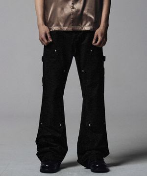 Double Knee Carpenter Flare Fit Cotton Pants - Black