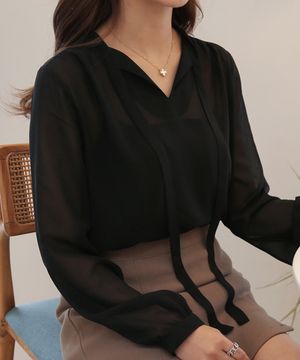 넥리본 시스루 쉬폰 블라우스