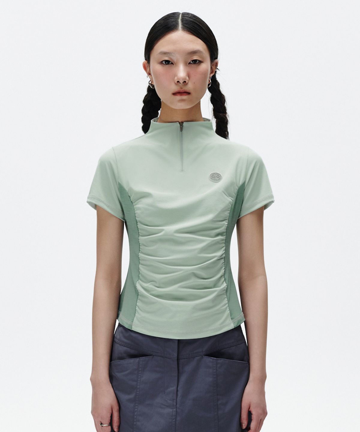 마하그리드(MAHAGRID) SHIRRING HALF ZIP-UP JERSEY TEE LIGHT GREEN(MG2FMFT592A)