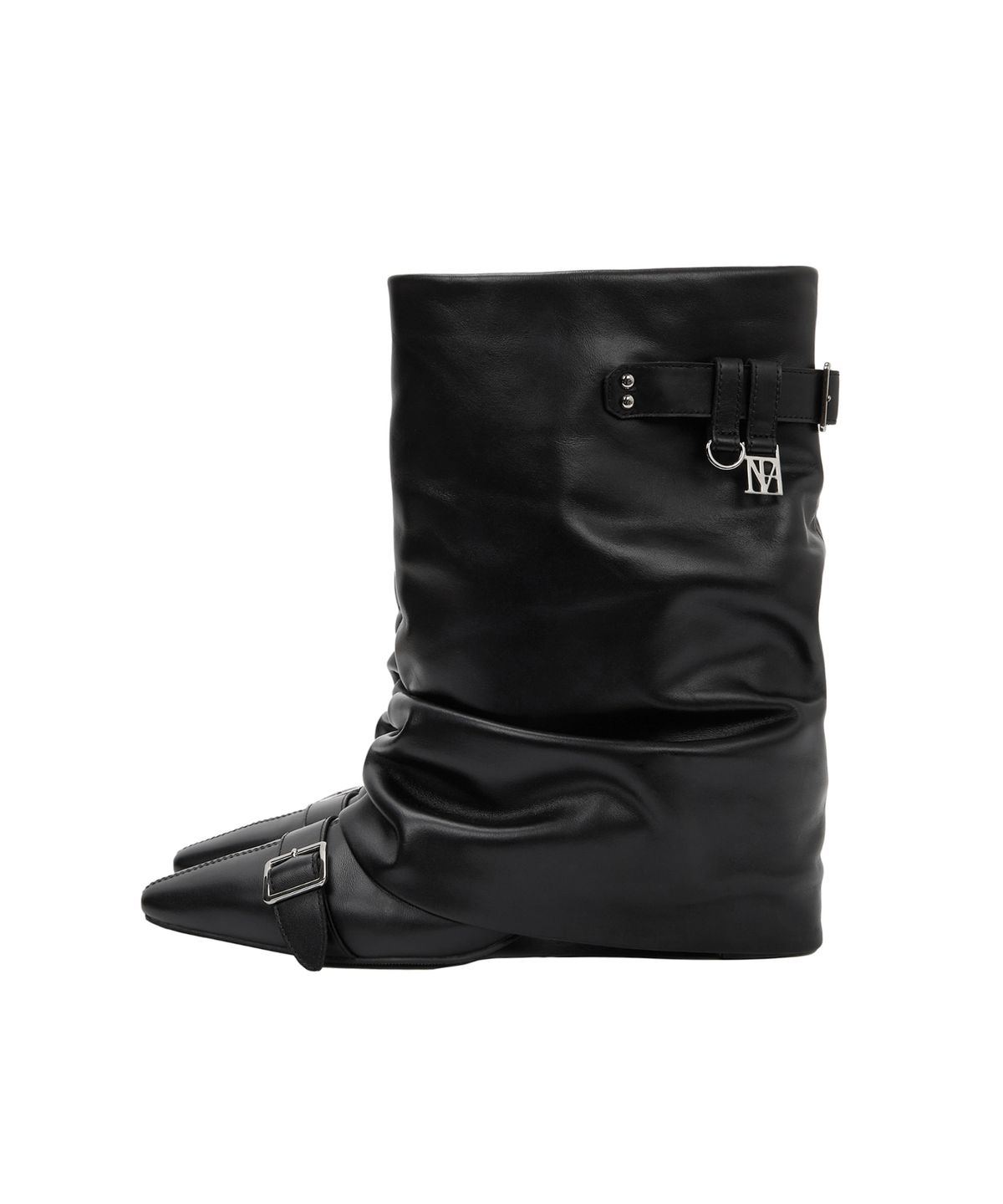 트리밍버드(TREEMINGBIRD) Slouch Volume Buckle Boots [ Black ]