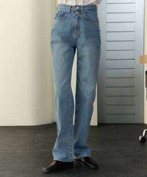 Button Detail Long Leg Straight Jeans - Blue