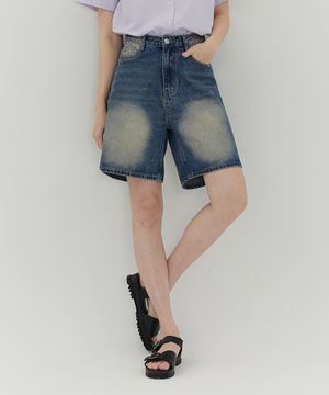 여성 빈티지 워싱 4.5부 와이드 버뮤다 데님 팬츠 (진청)