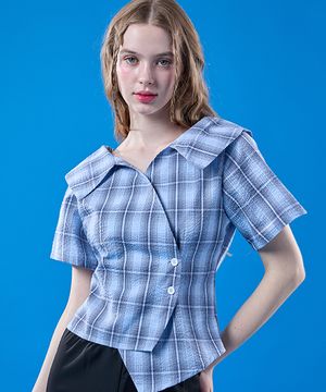 여름 휴양지 랩 오프숄더 체크 쿨링 슬림 반팔셔츠 [BLUE]