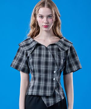 여름 휴양지 랩 오프숄더 체크 쿨링 슬림 반팔셔츠 [BLACK]