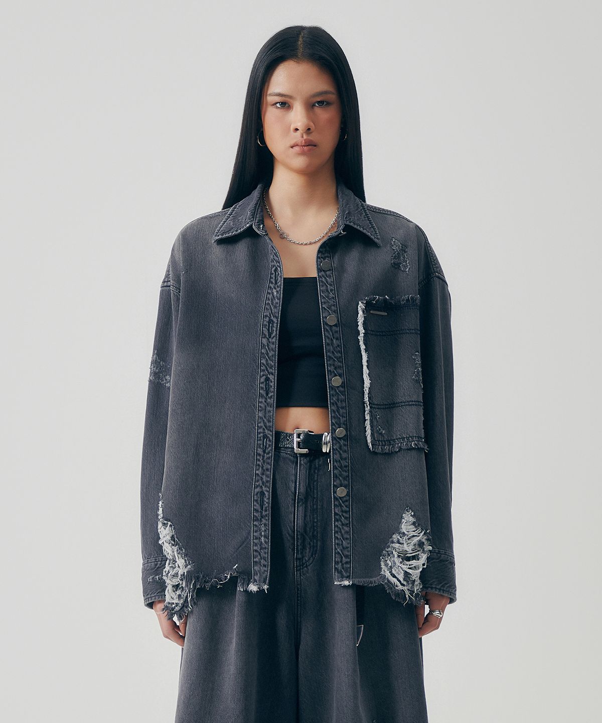 트리밍버드(TREEMINGBIRD) Distressed Square Denim Set-up Jacket [ Gray ]