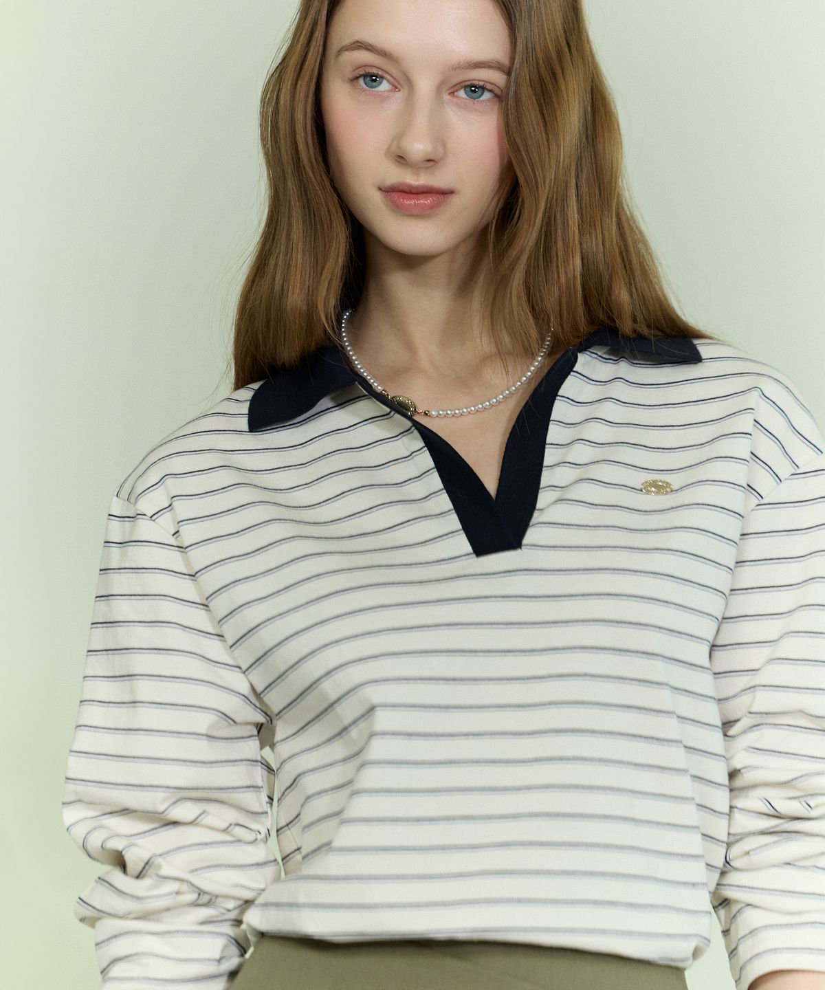 논로컬(NONLOCAL) Open Collar Stripe Long Sleeve - Navy