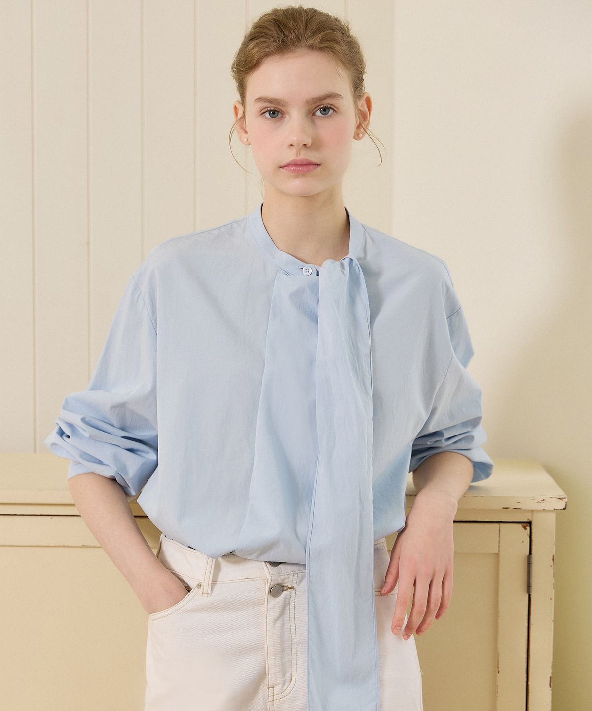 논로컬(NONLOCAL) Scarf Draping Blouse - Blue