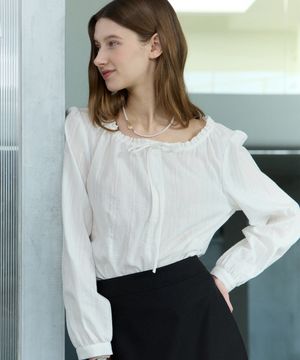 Ribbon Frill Shirring Blouse - White