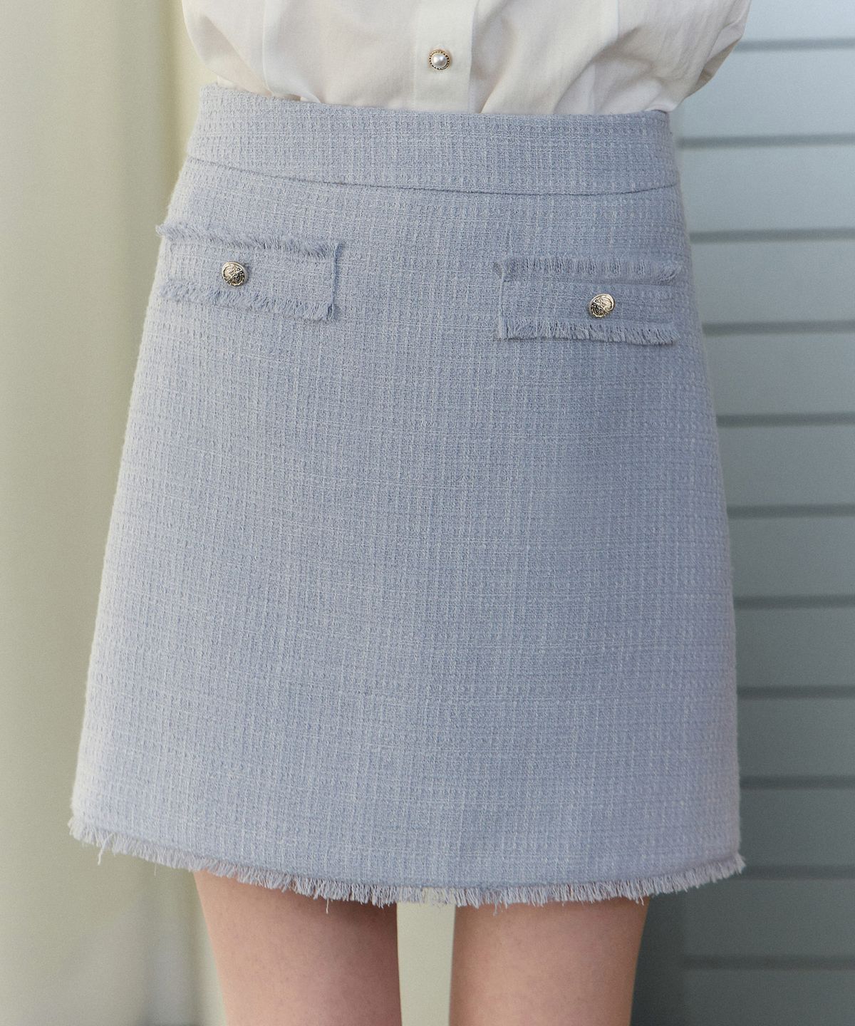 논로컬(NONLOCAL) Fringe Tweed Mini Skirt - Blue